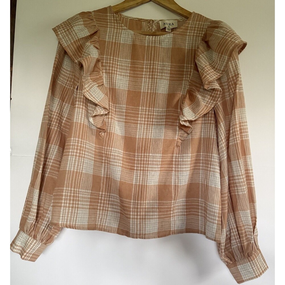 Aura Peach Plaid Ruffle Blouse Long Sleeve Womens Small Cottage core Top